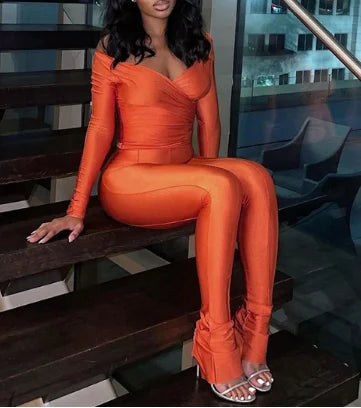 Fashion Women's Two Piece Set Autumn/winter 2025 New Solid Sexy Cross V-Neck Set Long Sleeve Pants Casual Set