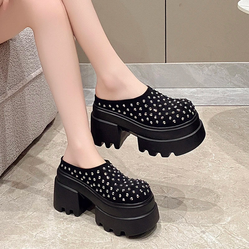10CM New Rivet Platform Women Slippers Fashion Chunky High Heeled Sandals Comfort Roma Style Round Toe Slide Mule Shoes Summer
