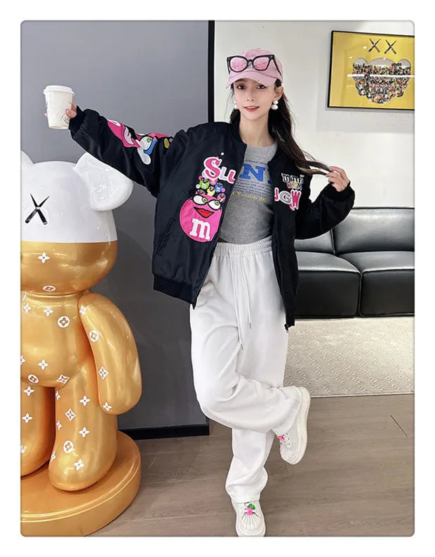 Cross-border Cartoon Embroidery Baseball Jacket For Men Women Casual Loose Fit Hip Hop Top Spring Autumn Letter Couple Jacket