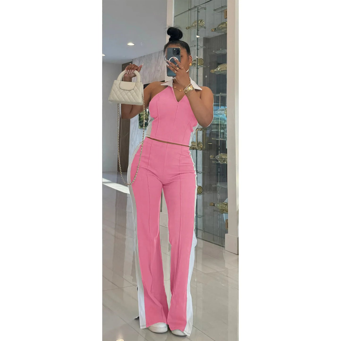 CM.YAYA Sporty Patchwork Women's Set Sleeveless Polo-tank Tops and Slit Flare Pants 2025 Active Two 2 Piece Set Outfit Tracksuit