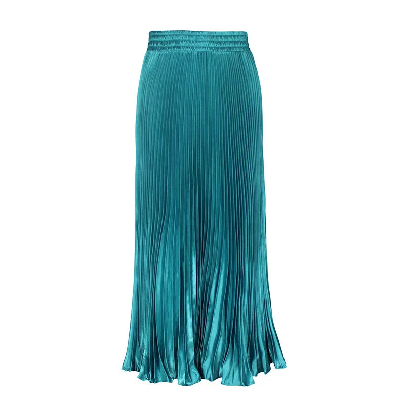 Women's Fashion Pleated Mermaid Long Skirt Korean Style Casual High Waist Satin Flowy Skirts Shiny 19 Colors 2024 Spring SK500