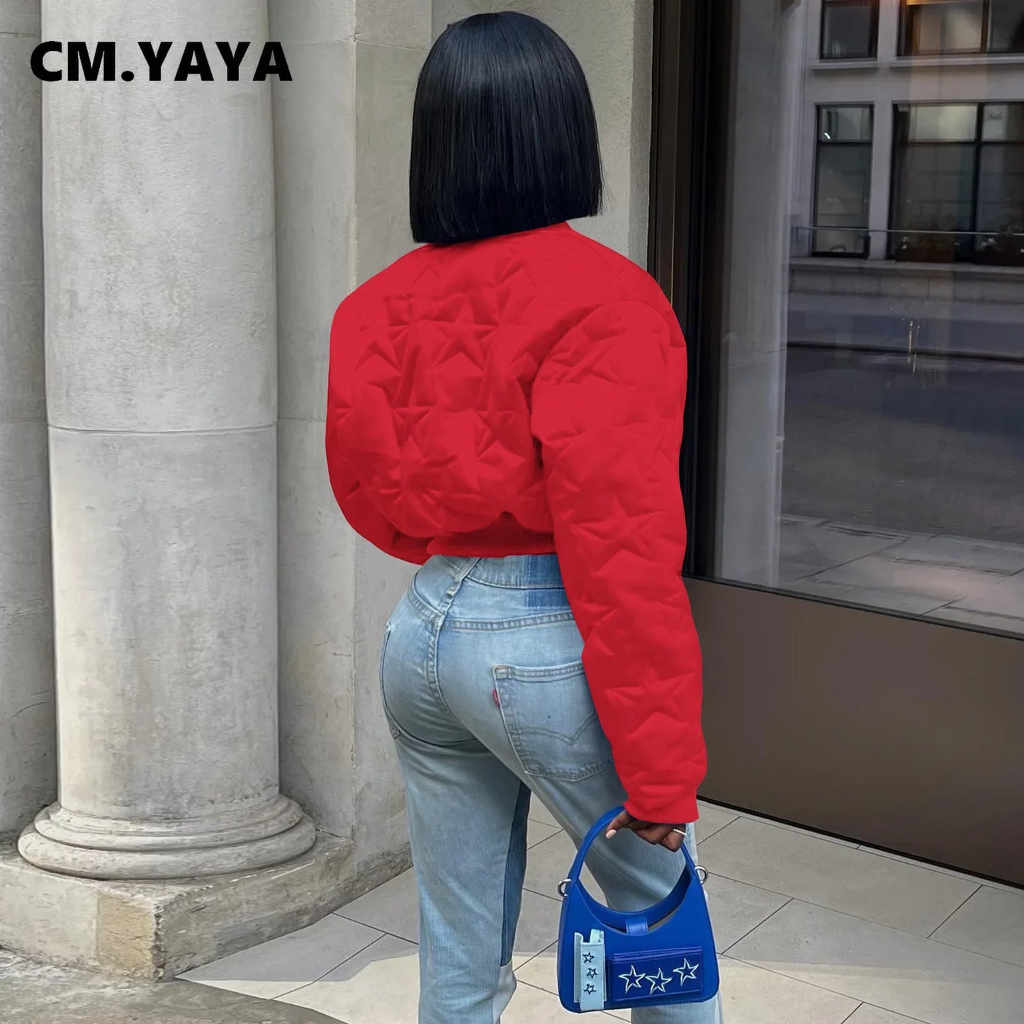 CM.YAYA Women Long Sleeve Star Zipper Fly Baseball Style Parkas Jackets 2023 Autumn Winter Keep Warm Outcoats Jacket