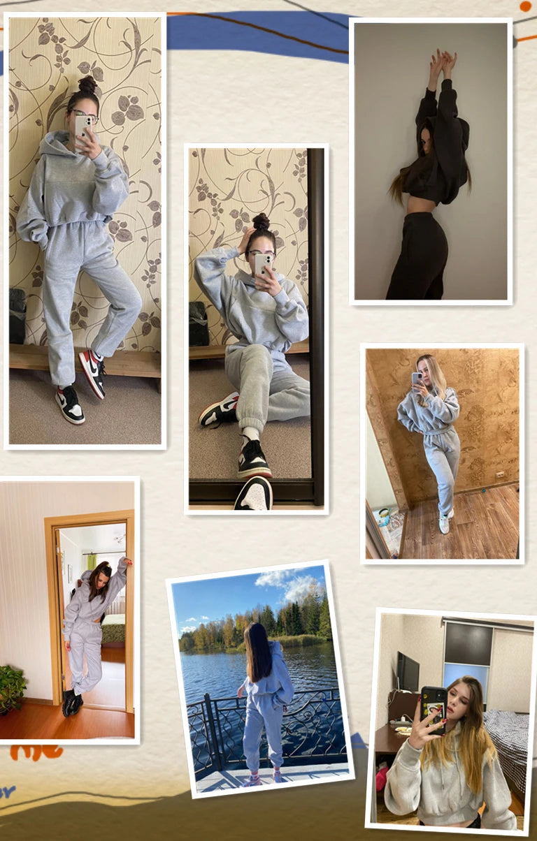 Casual New Fashion Hoodies Suit Women Winter Spring Solid Tracksuit Two Pieces Set Sports Pullover Sweatpants Sweatshirt Mujer