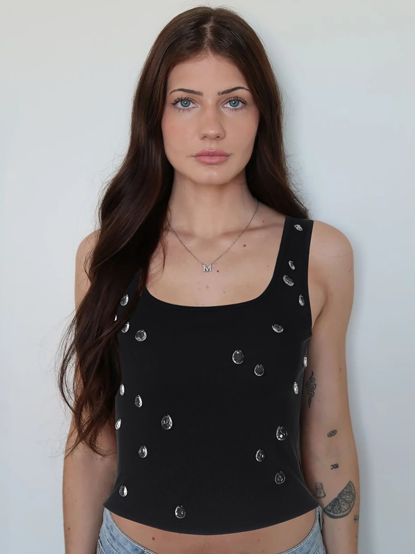 Dulzura Ribbed Sleeveless Water Droplets Diamond Decorated Tank Sexy Casual Bodycon Top Party Club Streetwear Spring Summer