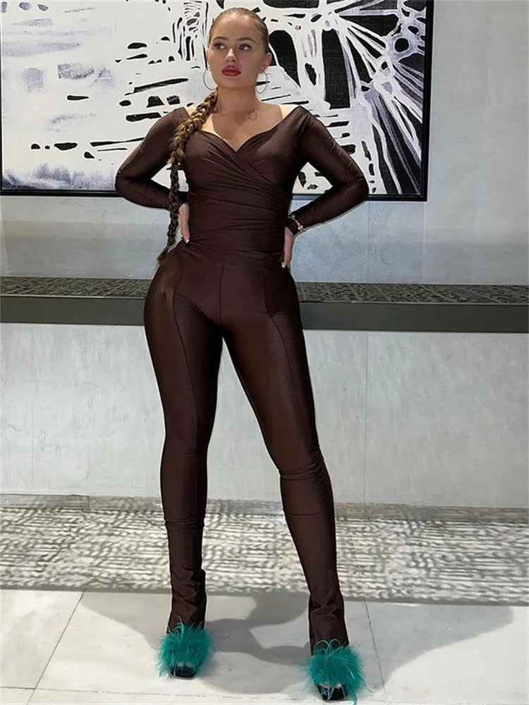 Simenual Casual Skinny Women Two Piece Set Sexy Deep V Crop Tops High Waist Pants Cyber Y2K Outfits Slim Co Ord Suits Streetwear