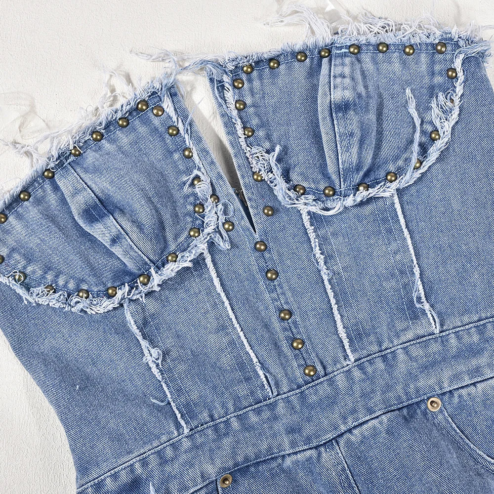 Sibybo Tassel Hollow Out Overalls For Women Studded Diamond Strapless Backless Jeans Street Fashion Trend Jumpsuite Femme