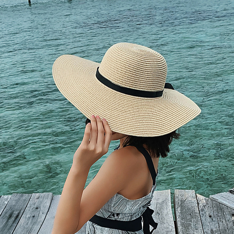 Summer Simple Floppy Sun Hat Women Wide Brim Beach Hat Girls Seaside Travel Foldable Straw Hat Sunscreen UV Protection Lady Cap