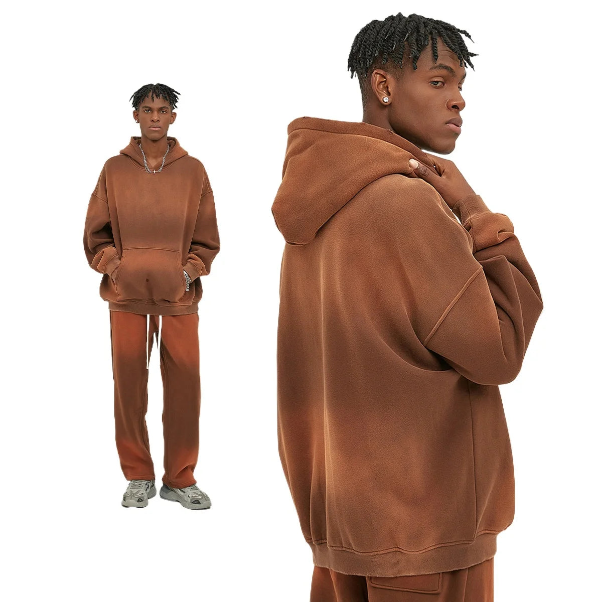 Custom LOGO 2025 autumn winter new 360G heavy sweater men's women's spray-dyeing old thickened hooded trendy sweater trousers clothes set