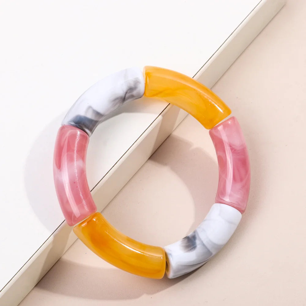 FishSheep Trendy Acrylic Stacked Bamboo Beads Bangles Bracelets for Women Bohemian Resin Elastic Beaded Bracelets Set Jewelry