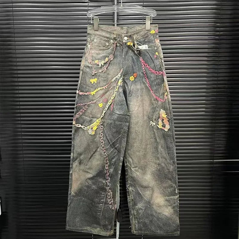 DEAT Fashion Women's 3D Chain Printed Contrast Color Jeans Niche Design High Waist Casual Denim Pants Female Trendy 11A04071
