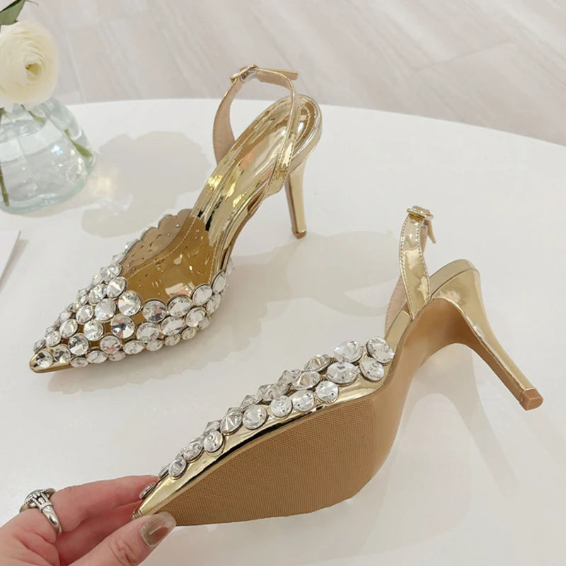 Liyke Elegant Pointed Toe Slingback Stiletto Sandals Crystal Diamonds Women Pumps High Heels Wedding Prom Shoes Zapatos Mujer
