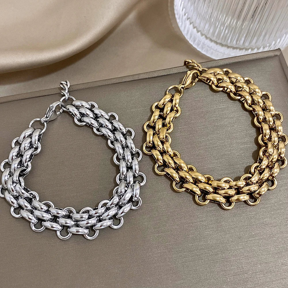 Trendy Stainless Steel Chunky Thick Chain Bracelet for Women Punk Statement Glossy Multilayer Link Bracelets Wristband Jewelry