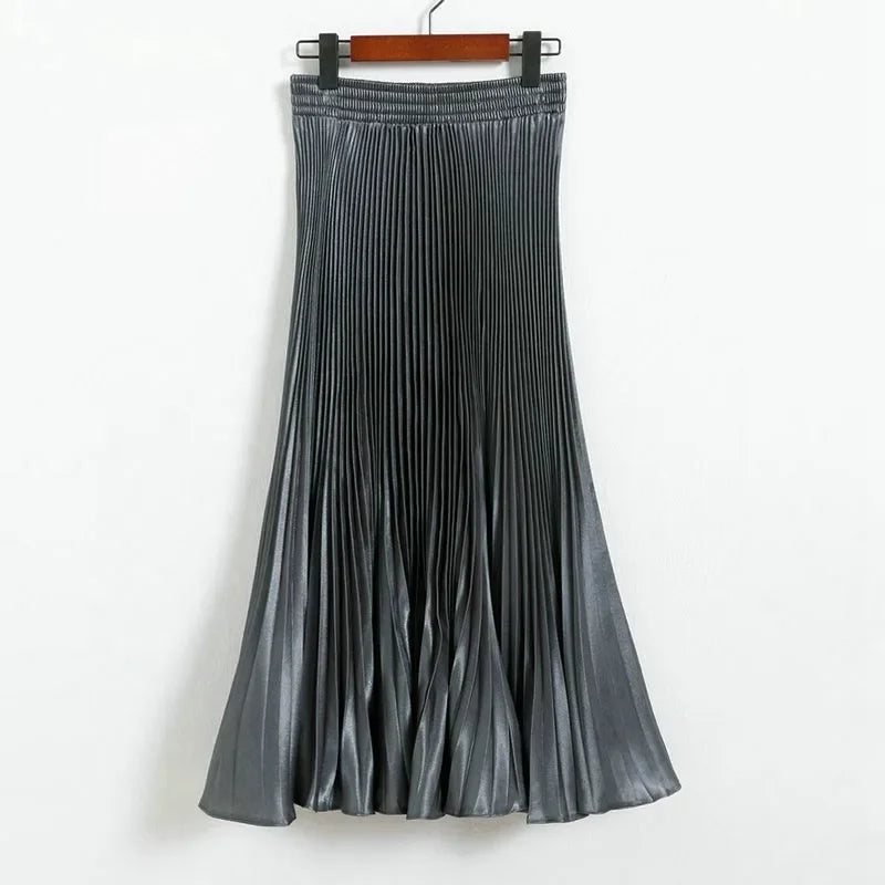 Women's Fashion Pleated Mermaid Long Skirt Korean Style Casual High Waist Satin Flowy Skirts Shiny 19 Colors 2024 Spring SK500