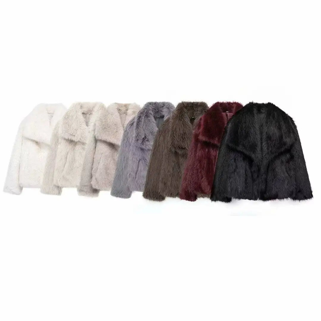 TRAFZA Female Vintage Artificial Fur Effect Coats Lapel Warm Plush Long Sleeves Hidden Buttons Autumn Winter Casual Outerwear