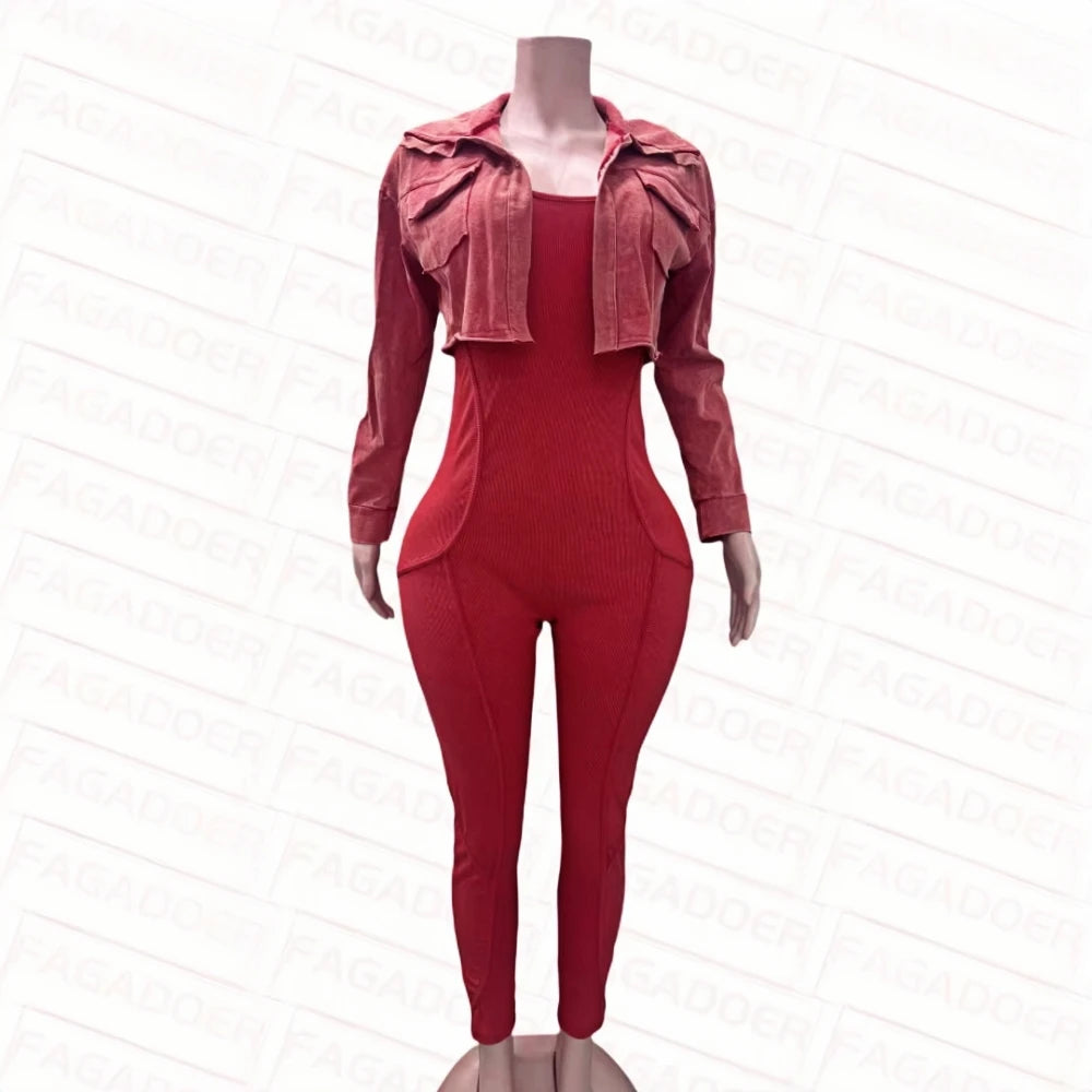 FAGADOER High Quality Rib Women 2 Piece Set Outfit Fashion Long Sleeve Crop Jacket + Bodycon Jumpsuits Suits Clothing 2025 New