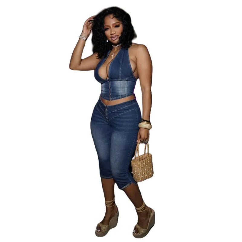 CM.YAYA Fashion ZIP Denim Women's Set sleeveless Crop Top and Calf Length Jeans Pants 2025 Two 2 Piece Sets Outfits Tracksuit