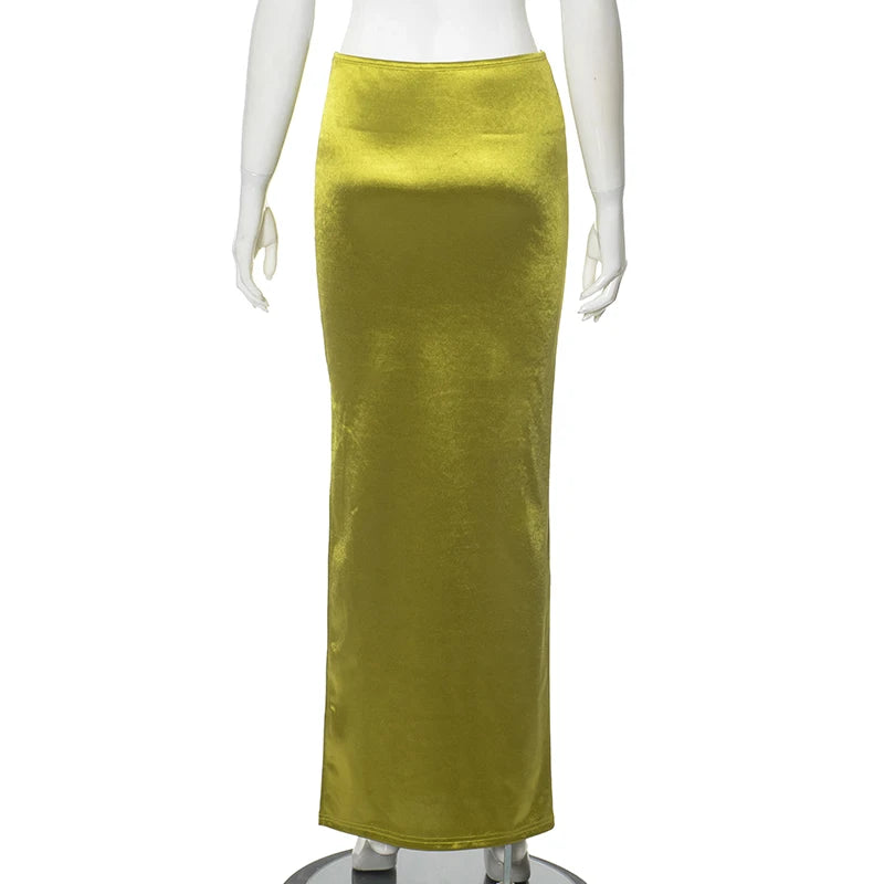 CUTENOVA Stain Long Solid Color Skirt Elegant High Waist Side Split Maxi Skirts Party Sexy Clothes for Women Autumn 2024