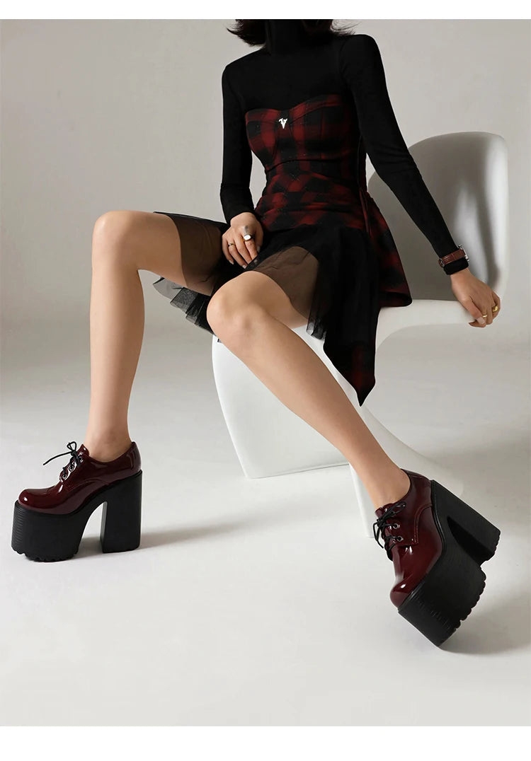 Ultra High Waterproof Platform Shiny Patent Leather Lace Up Women's Pumps Breathable Lining Thick Heels Punk Trendy High Heels
