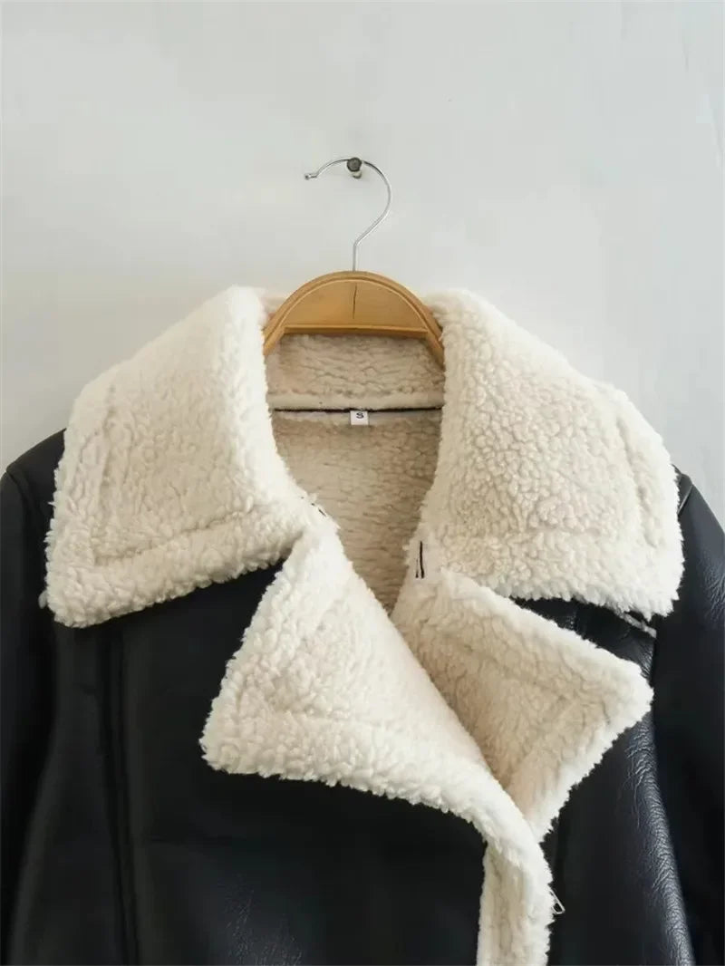 Winter New Women's Faux Fur Lined Short Jacket Double-sided Zipper Collar Leather And Fur Double-sided Short Coat