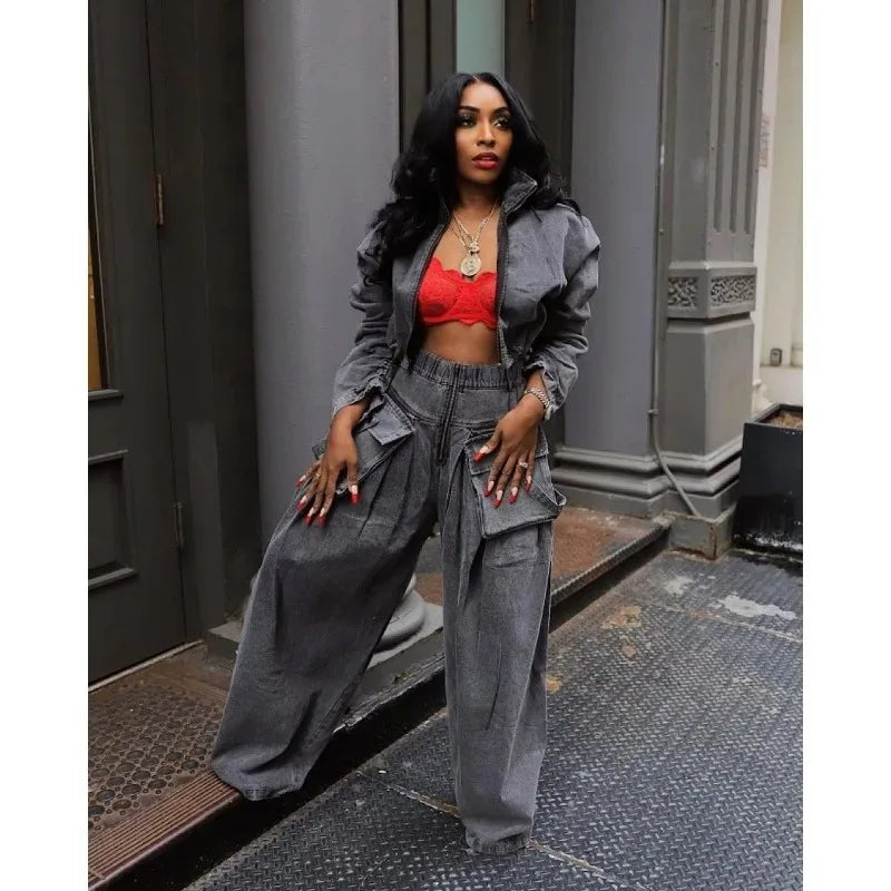 Casual Loose Denim Two Piece Set for Women Streetwear 2023 Autumn Zipper High Collar Crop Top Elastic Waist Wide Leg Cargo Pants