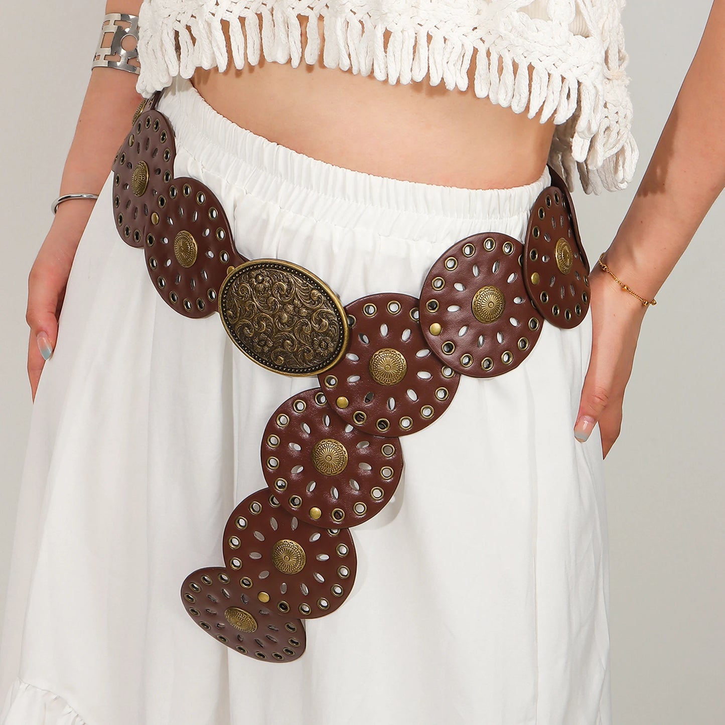 New rivet round piece ethnic style belt for women vintage with skirt pants waist cover Boho style patchwork belt