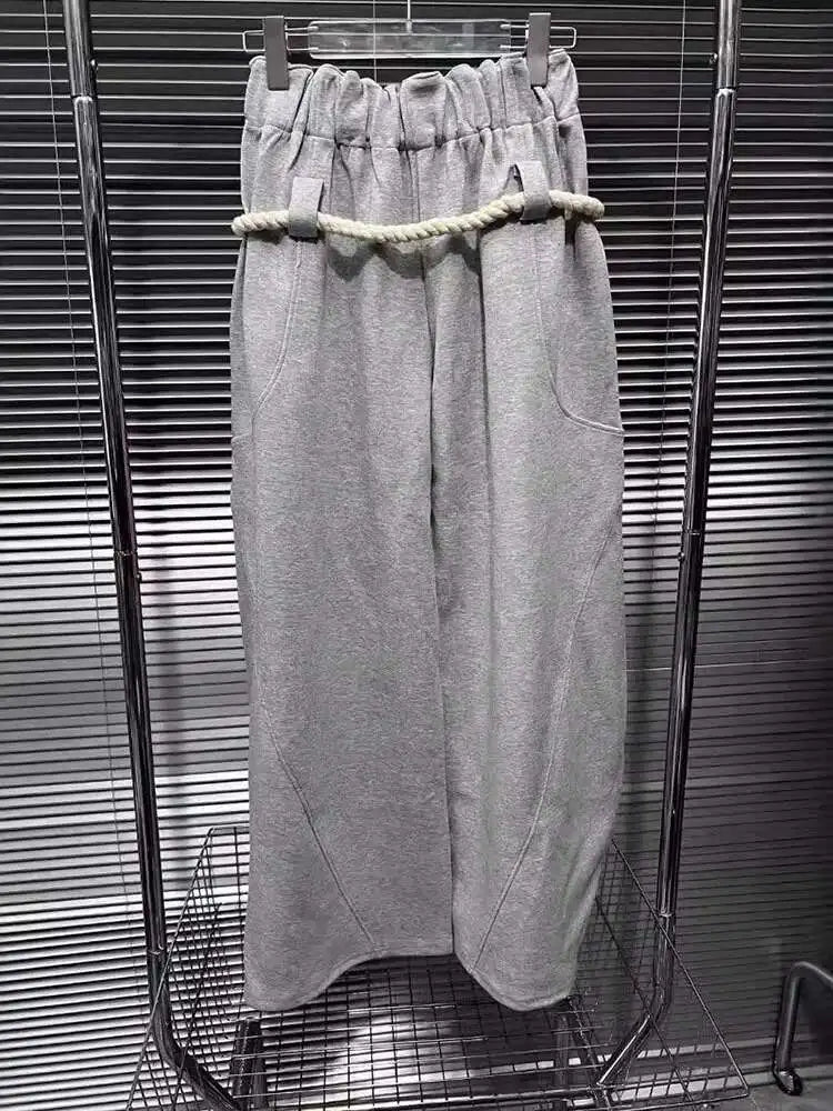 DEAT Fashion New Women's Cotton Rope Design Casual Pants 2024 Autumn Trendy Elastic High Waist Wide Leg Trousers Female 33A1851