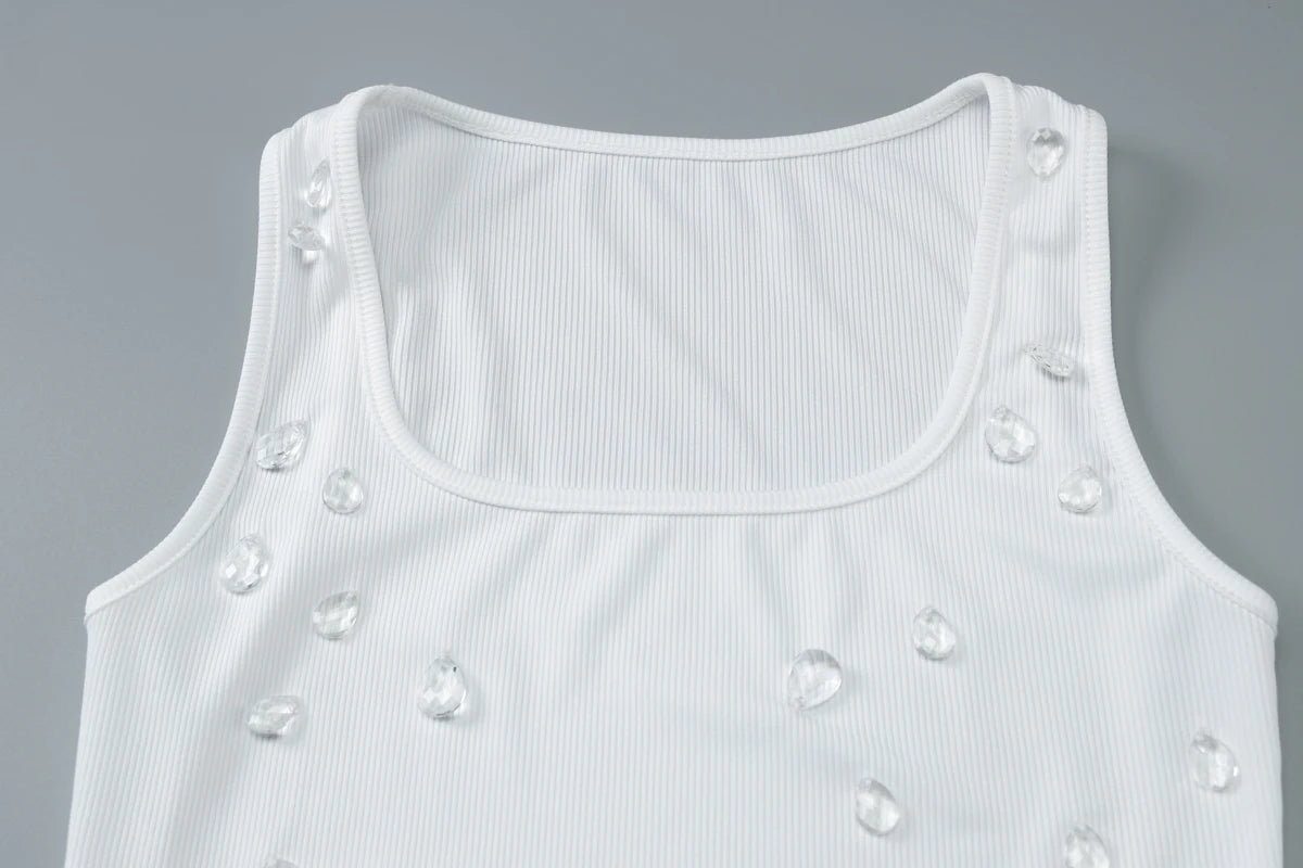 Dulzura Ribbed Sleeveless Water Droplets Diamond Decorated Tank Sexy Casual Bodycon Top Party Club Streetwear Spring Summer