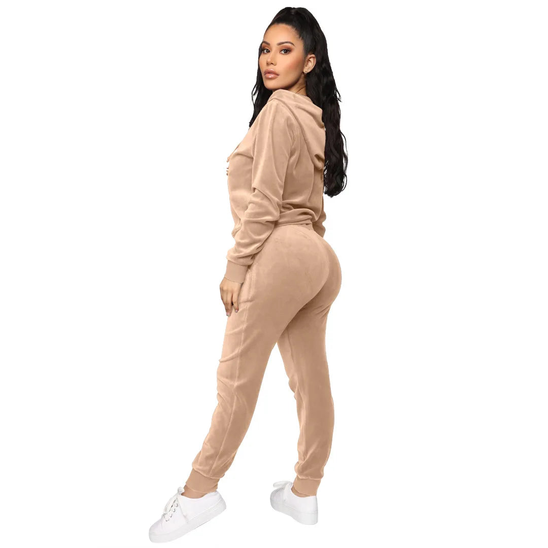 Women Pant Sets Comfortable Velvet Matching Sets Two Piece Set Autumn Loose Zipper Hoodie Jacket Elastic Waist Skinny Pants Sets