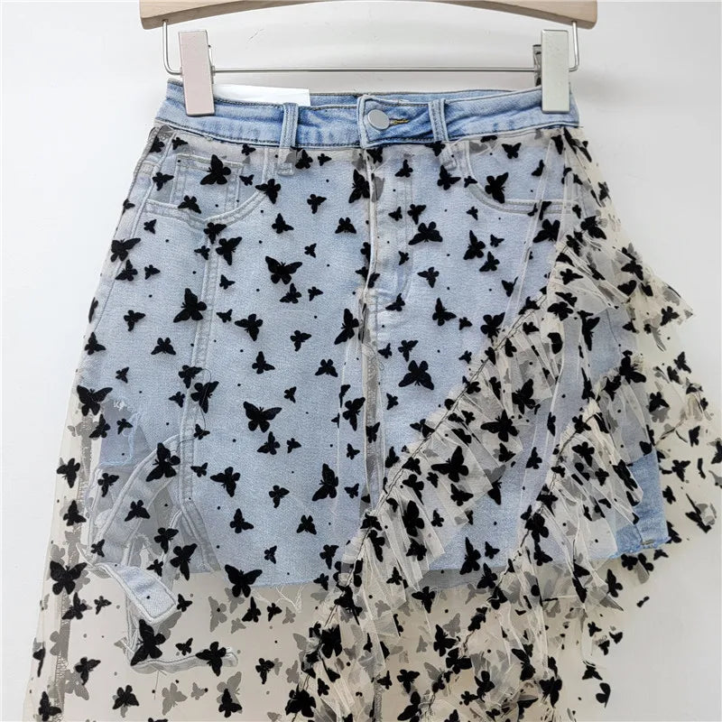 American Fashion Irregular Mesh Embroidery Butterfly Skirt Splicing Denim Elastic A Line Short Skirt Women Clothing 2025 New