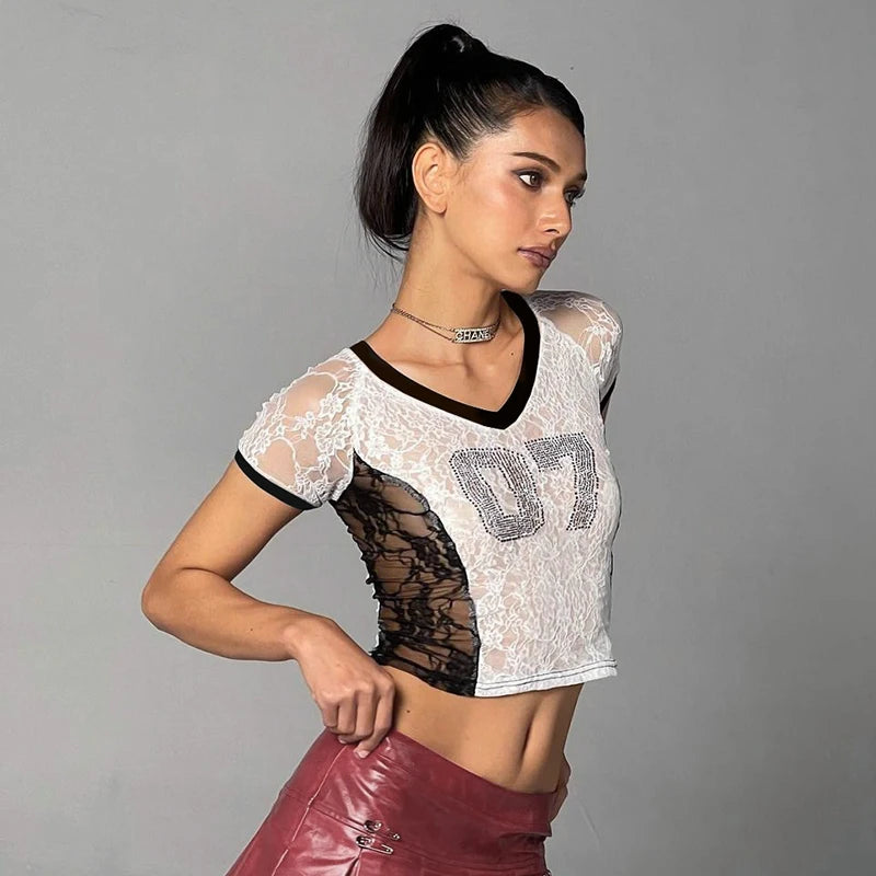 CUTENOVA 2025 Spring And Summer New Letters V Neck Rhinestone American Lace Color Collision Patchwork Top T-Shirt Streetwear