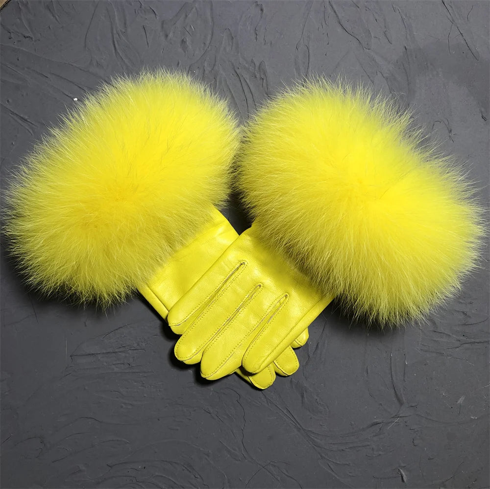Jxwatcher Wholesale Fox Fur Gloves Winter Female Luxury Style Warm Sheepskin Genuine Leather Gloves Driving Thickening Mitten