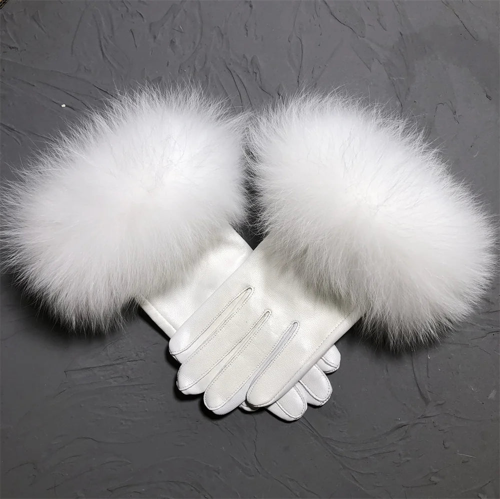 Jxwatcher Wholesale Fox Fur Gloves Winter Female Luxury Style Warm Sheepskin Genuine Leather Gloves Driving Thickening Mitten