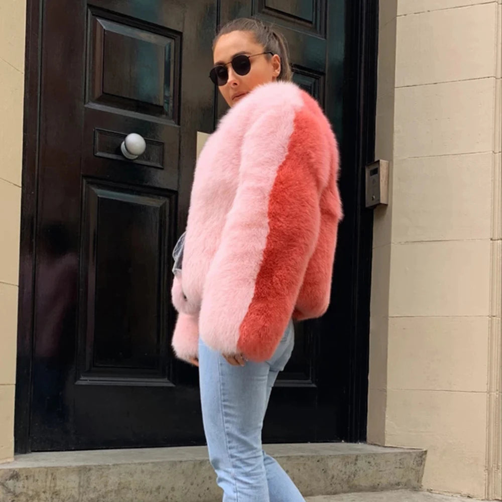 2021 Winter Women Sweet Pink Patchwork Fur Coat Luxury Design Trendy Faux Fur Jacket Female Warm Outerwear Exclusive Customized