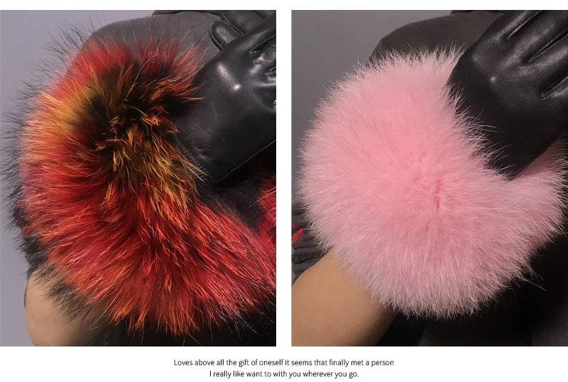 Jxwatcher Wholesale Fox Fur Gloves Winter Female Luxury Style Warm Sheepskin Genuine Leather Gloves Driving Thickening Mitten