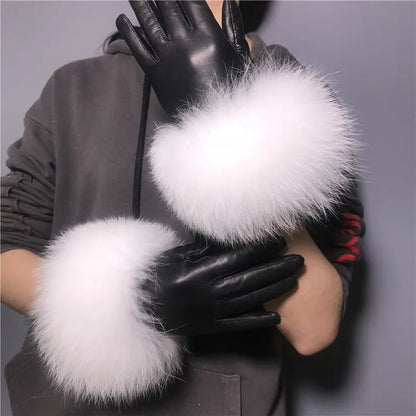 Jxwatcher Wholesale Fox Fur Gloves Winter Female Luxury Style Warm Sheepskin Genuine Leather Gloves Driving Thickening Mitten