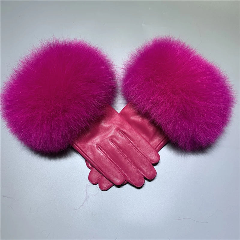 Jxwatcher Wholesale Fox Fur Gloves Winter Female Luxury Style Warm Sheepskin Genuine Leather Gloves Driving Thickening Mitten