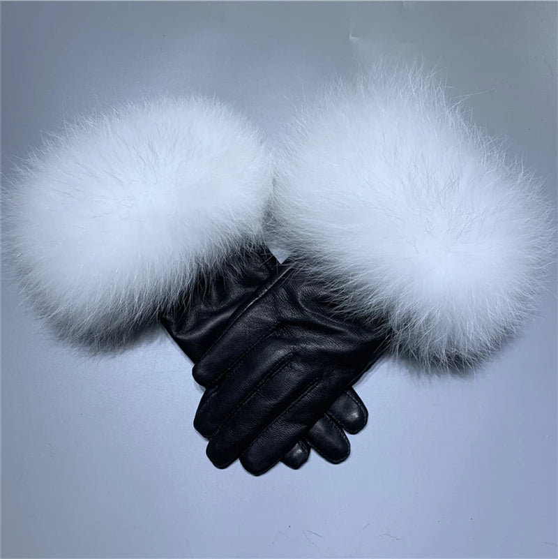 Jxwatcher Wholesale Fox Fur Gloves Winter Female Luxury Style Warm Sheepskin Genuine Leather Gloves Driving Thickening Mitten