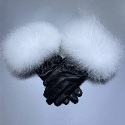 Jxwatcher Wholesale Fox Fur Gloves Winter Female Luxury Style Warm Sheepskin Genuine Leather Gloves Driving Thickening Mitten