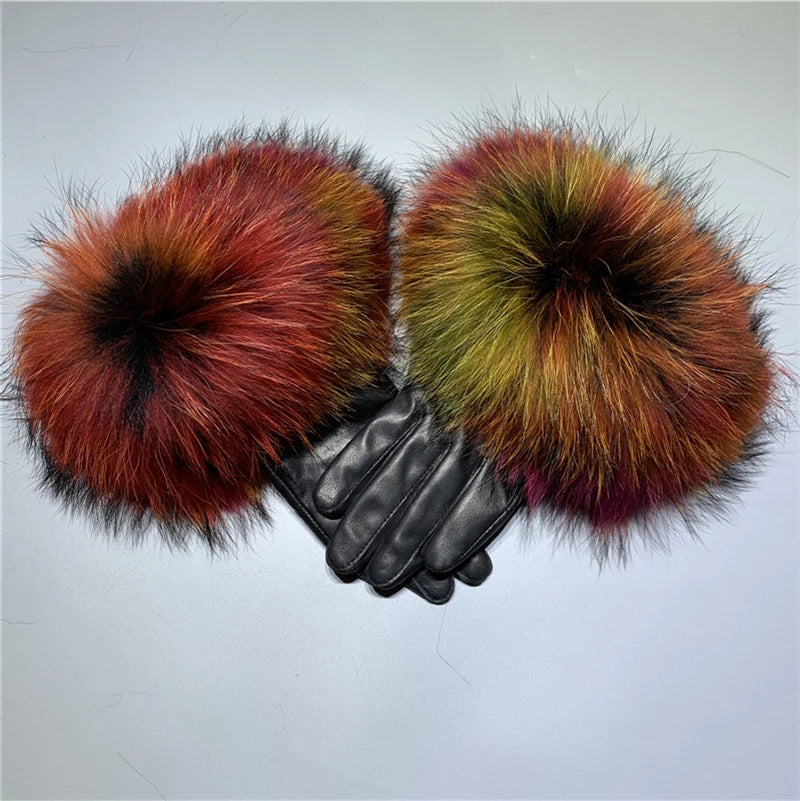 Jxwatcher Wholesale Fox Fur Gloves Winter Female Luxury Style Warm Sheepskin Genuine Leather Gloves Driving Thickening Mitten