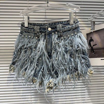 Boutique Wholesale 2025 Summer New Fashionable High Waisted Rhinestone Nail Bead Tassel Denim Women's Shorts
