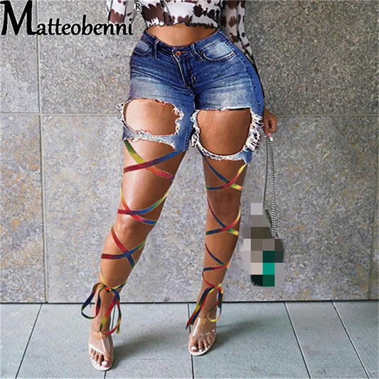 Sexy Ripped Hole Fringe Denim Shorts Women Color Rope Tie Legs Casual Pocket Jeans Shorts 2021 Summer Lace Up Shorts