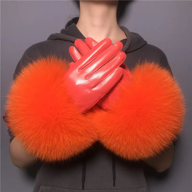 Jxwatcher Wholesale Fox Fur Gloves Winter Female Luxury Style Warm Sheepskin Genuine Leather Gloves Driving Thickening Mitten