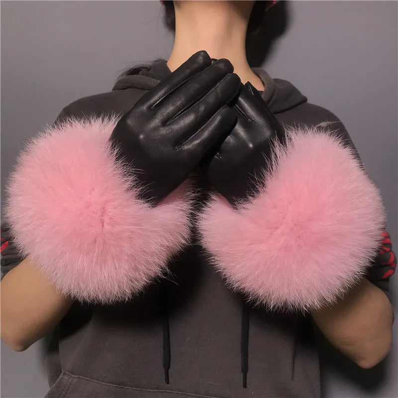 Jxwatcher Wholesale Fox Fur Gloves Winter Female Luxury Style Warm Sheepskin Genuine Leather Gloves Driving Thickening Mitten
