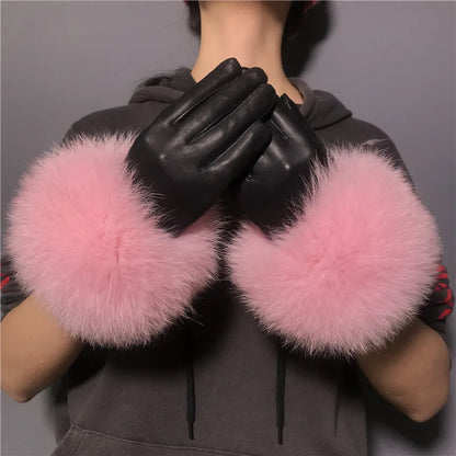Jxwatcher Wholesale Fox Fur Gloves Winter Female Luxury Style Warm Sheepskin Genuine Leather Gloves Driving Thickening Mitten