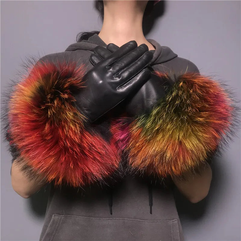 Jxwatcher Wholesale Fox Fur Gloves Winter Female Luxury Style Warm Sheepskin Genuine Leather Gloves Driving Thickening Mitten