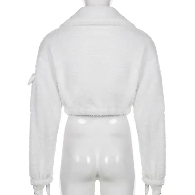 Fashion Sweat Suits 2 Piece Sets Women Outfits Casual Sportwear Sweatshirt+Sweatpants White Plush Warm Lapel Zipper Cardigan