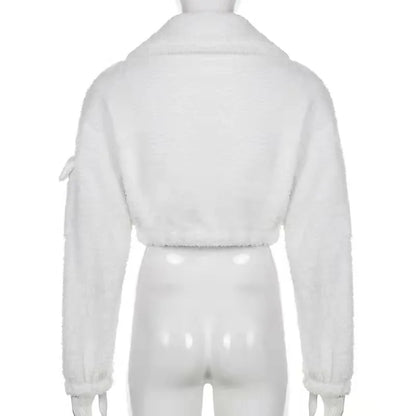 Fashion Sweat Suits 2 Piece Sets Women Outfits Casual Sportwear Sweatshirt+Sweatpants White Plush Warm Lapel Zipper Cardigan