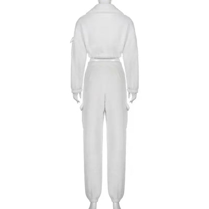 Fashion Sweat Suits 2 Piece Sets Women Outfits Casual Sportwear Sweatshirt+Sweatpants White Plush Warm Lapel Zipper Cardigan
