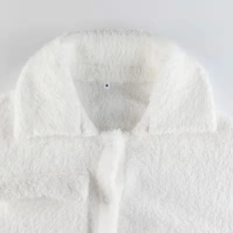 Fashion Sweat Suits 2 Piece Sets Women Outfits Casual Sportwear Sweatshirt+Sweatpants White Plush Warm Lapel Zipper Cardigan