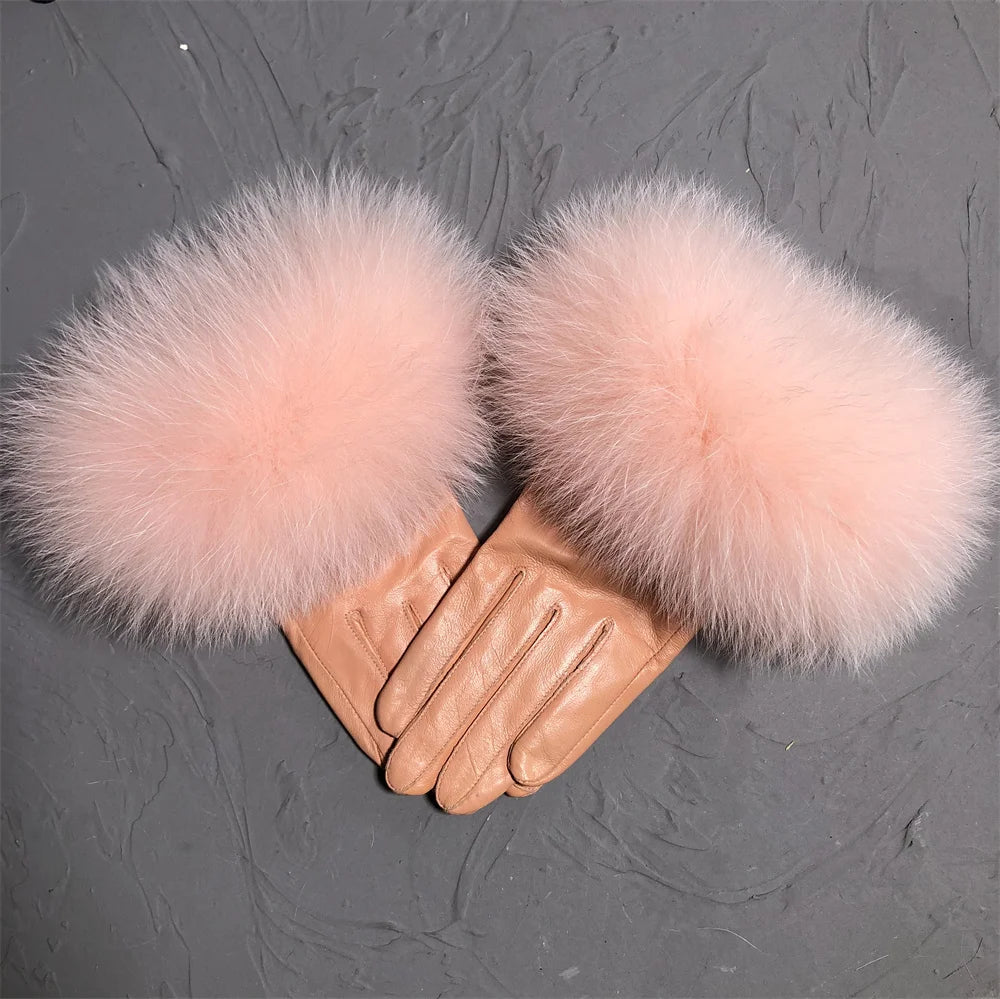 Jxwatcher Wholesale Fox Fur Gloves Winter Female Luxury Style Warm Sheepskin Genuine Leather Gloves Driving Thickening Mitten